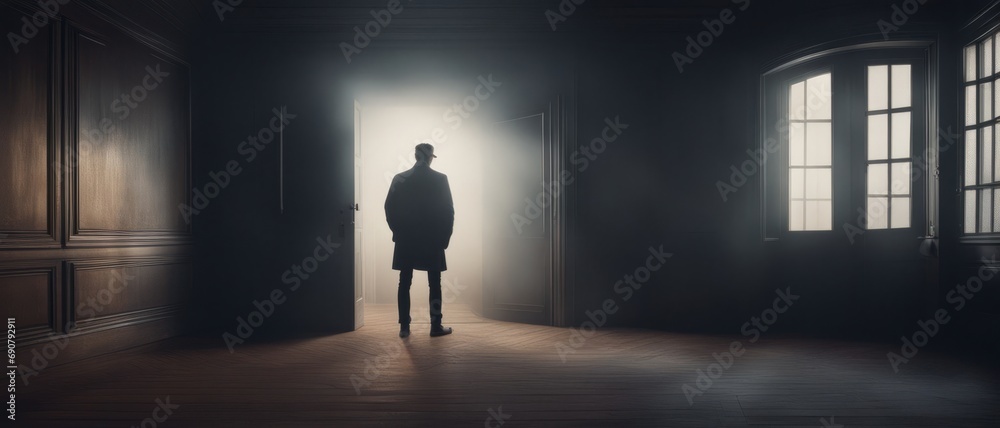 Obraz premium Silhouette of a man against the background of a glowing door entrance in a large empty dark room
