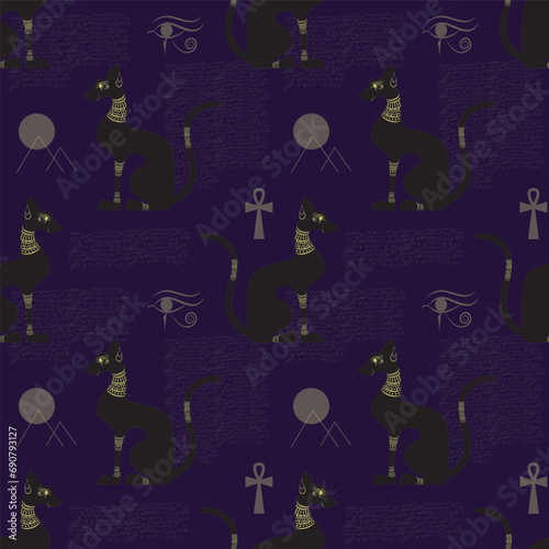 Black egyptian decorated cat shape silhouette sitting. Seamless pattern. Vector illustration.