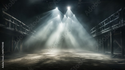 empty dark room with a light shining from a spotlight, in the style of mist, spray painted realism, smokey background © PhotoRK
