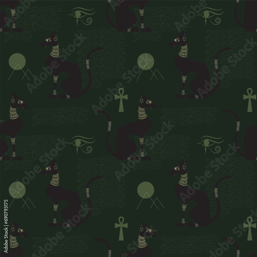 Black egyptian decorated cat shape silhouette sitting. Seamless pattern. Vector illustration.