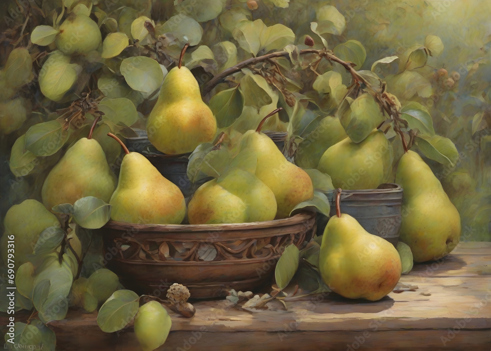 Ripe juicy pears in the garden on a green background with leaves Ripe juicy pears in the garden on a green background with leaves