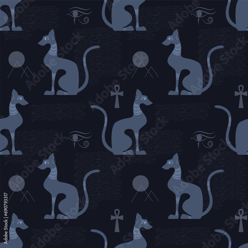 Egyptian decorated cat shape silhouette sitting. Seamless pattern. Vector illustration.