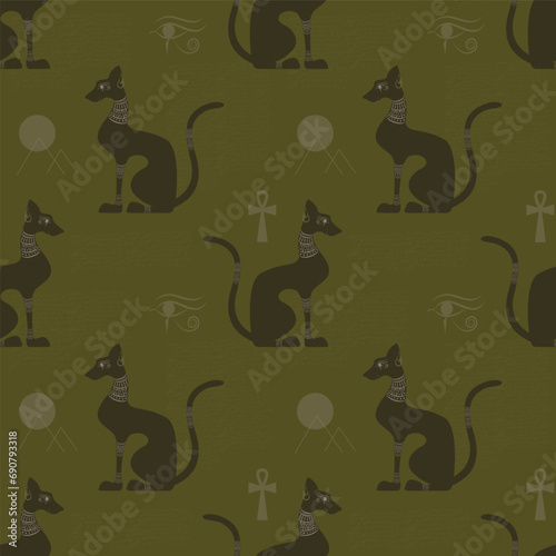 Egyptian decorated cat shape silhouette sitting. Seamless pattern. Vector illustration.