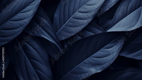 paper background with blue tropical leaves, a lot of isolated negative space, in the style of monochromatic realism