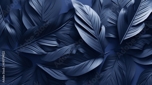 paper background with blue tropical leaves  a lot of isolated negative space  in the style of monochromatic realism