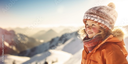 Joyful Child in Snowy Mountains