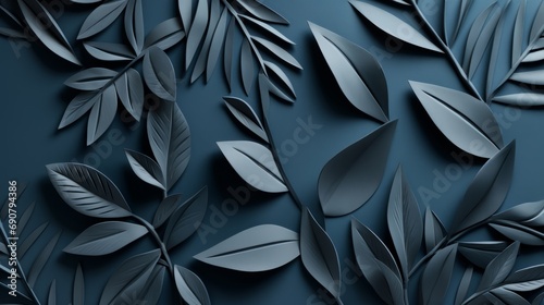 paper background with blue tropical leaves, a lot of isolated negative space, in the style of monochromatic realism