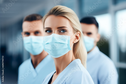 Medical doctors in masks and medical hats are looking at camera  standing in a row one by one