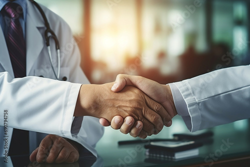 Two male doctors shake hands as a sign of effective cooperation. Agreement on the provision of medical services to older people