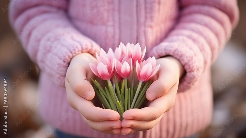 snowdrops in the hands of a child, pink, close-up, spring concept snowdrops in the hands of a child, pink, close-up, spring concept
