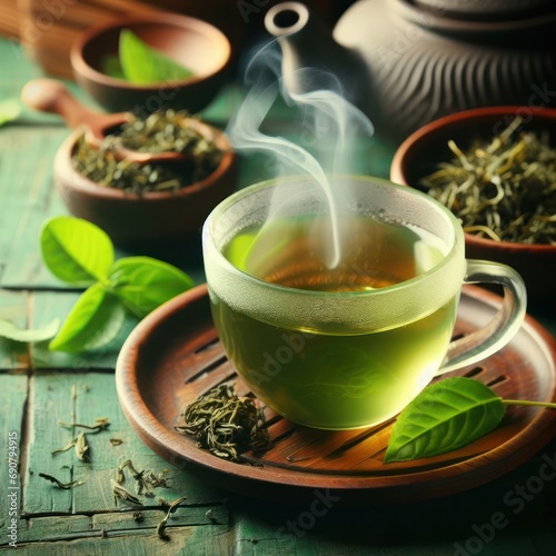 Green tea, fresh tea leaves, good for the heart and blood pressure, healthy, drink concept, generative ai 