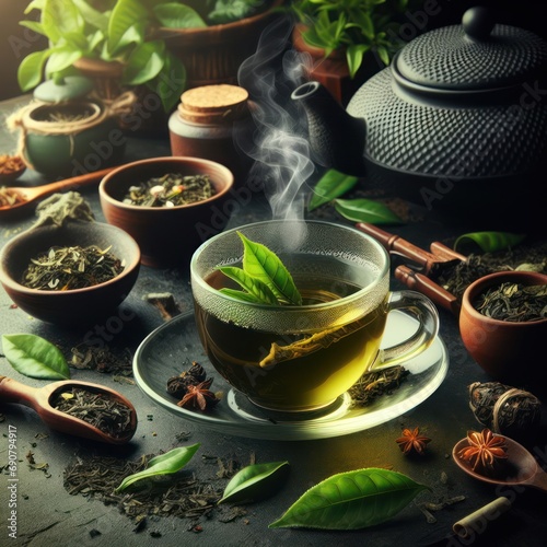 Green tea, fresh tea leaves, good for the heart and blood pressure, healthy, drink concept, generative ai 