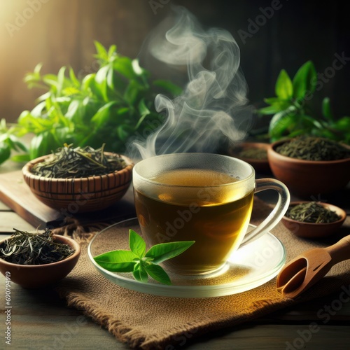 Green tea, fresh tea leaves, good for the heart and blood pressure, healthy, drink concept, generative ai	