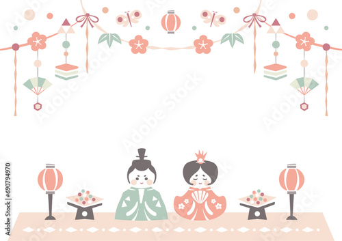 ひな祭りの背景フレーム お雛様と雛飾りの和風イラスト枠