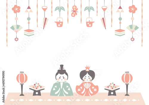 ひな祭りの背景フレーム お雛様と雛飾りの和風イラスト枠