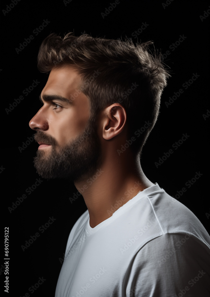 stylish young guy with a neat short beard in a white T-shirt in profile on a black background, beautiful studio light, empty space in the middle stylish young guy with a neat short beard in a white T-shirt in profile on a black background, beautiful studio light, empty space in the middle