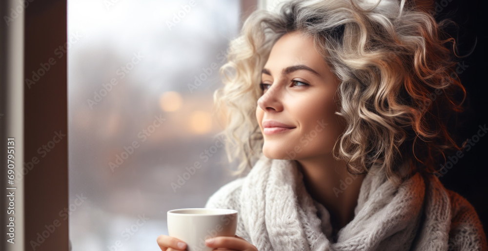 custom made wallpaper toronto digitalContent Middle-Aged Woman in Cozy Sweater Sips Hot Drink, Gazes through Window, and Embraces the Peaceful Serenity of a Winter Morning at Home