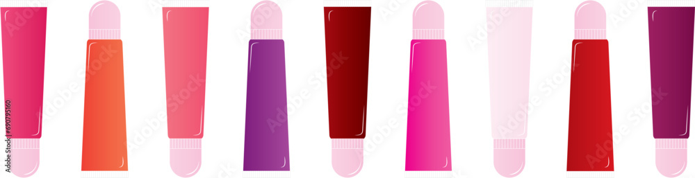 Glossy vector lip gloss tubes in pink, red, and purple colors Glossy vector lip gloss tubes in pink, red, and purple colors