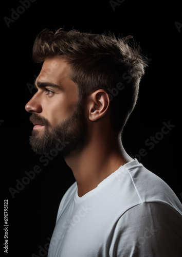 stylish young guy with a neat short beard in a white T-shirt in profile on a black background, beautiful studio light, empty space in the middle