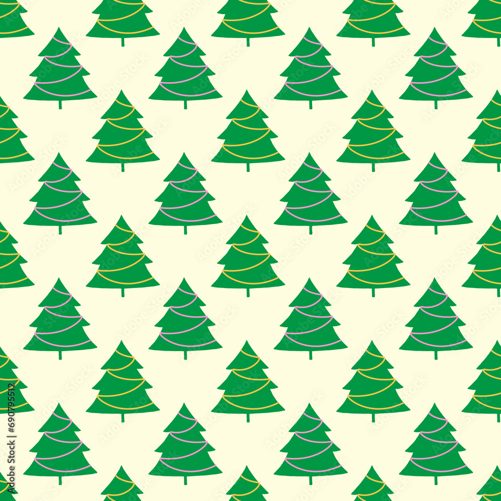 Fototapeta premium Christmas background with green trees on a white background. Seamless pattern.For textiles, gift wrapping.