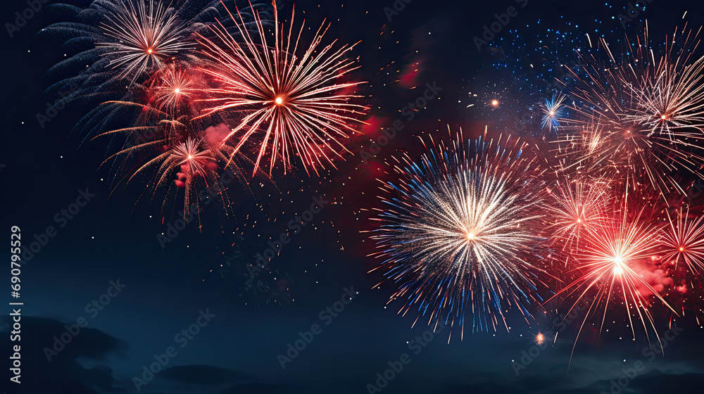 Red and blue fireworks on a beautiful night sky banner