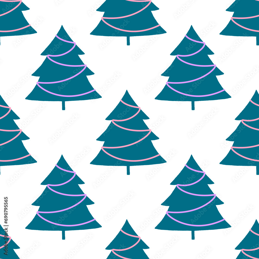 Obraz premium Christmas background with green trees on a white background. Seamless pattern.For textiles, gift wrapping.