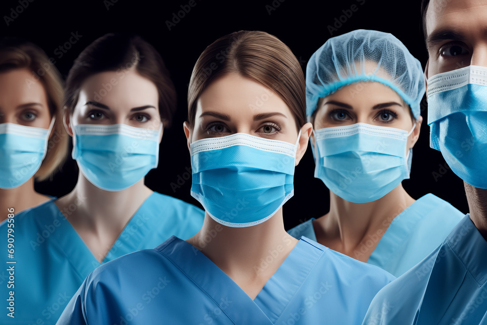 Medical doctors in masks and medical hats are looking at camera, standing in a row one by one Medical doctors in masks and medical hats are looking at camera, standing in a row one by one