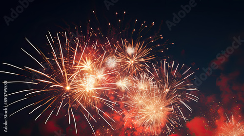 Red and blue fireworks on a beautiful night sky banner