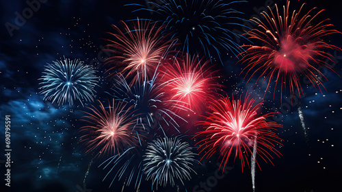 Red and blue fireworks on a beautiful night sky banner