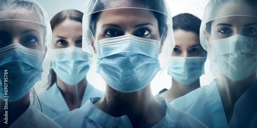 Medical doctors in masks and medical hats are looking at camera  standing in a row one by one