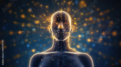 Human form surrounded by blue and gold particles of manifestation energy gathering around the head in space 