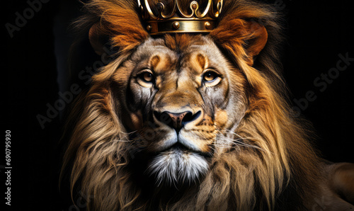 Majestic lion with a royal crown, symbolizing power and nobility, isolated on a black background with a regal and intense gaze photo