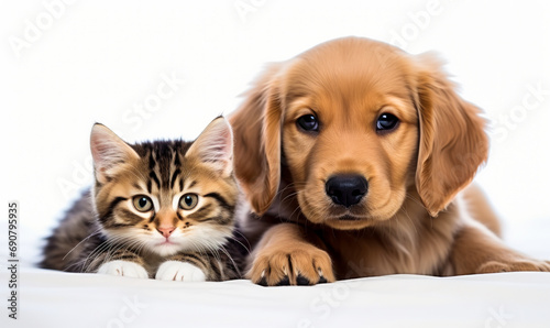 Adorable golden retriever puppy and brown tabby kitten lying together, looking at the camera on a white background