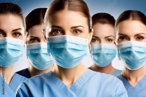 Medical doctors in masks and medical hats are looking at camera, standing in a row one by one