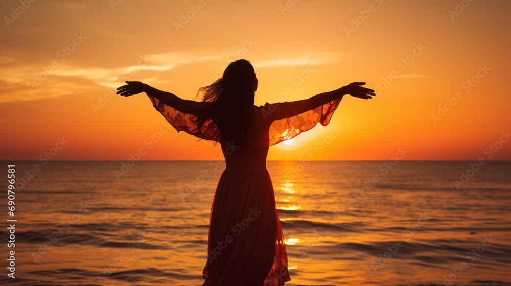 A woman with her arms open admiring the sunset by the sea