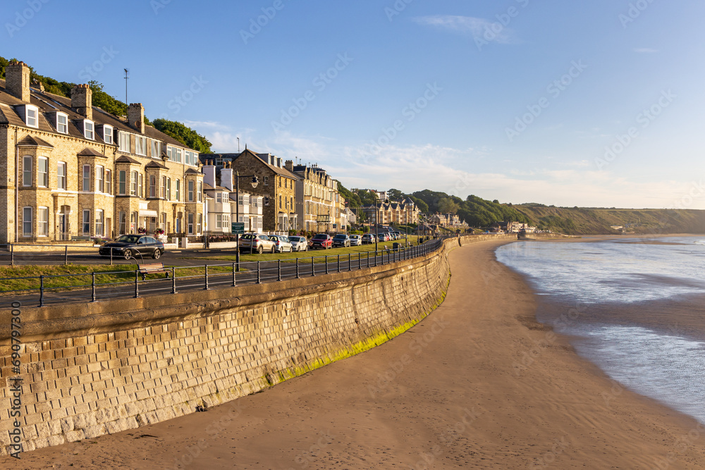 The beach and seafront of the seaside town of Filey on the Yorkshire coast. Taken on an early summer morning.