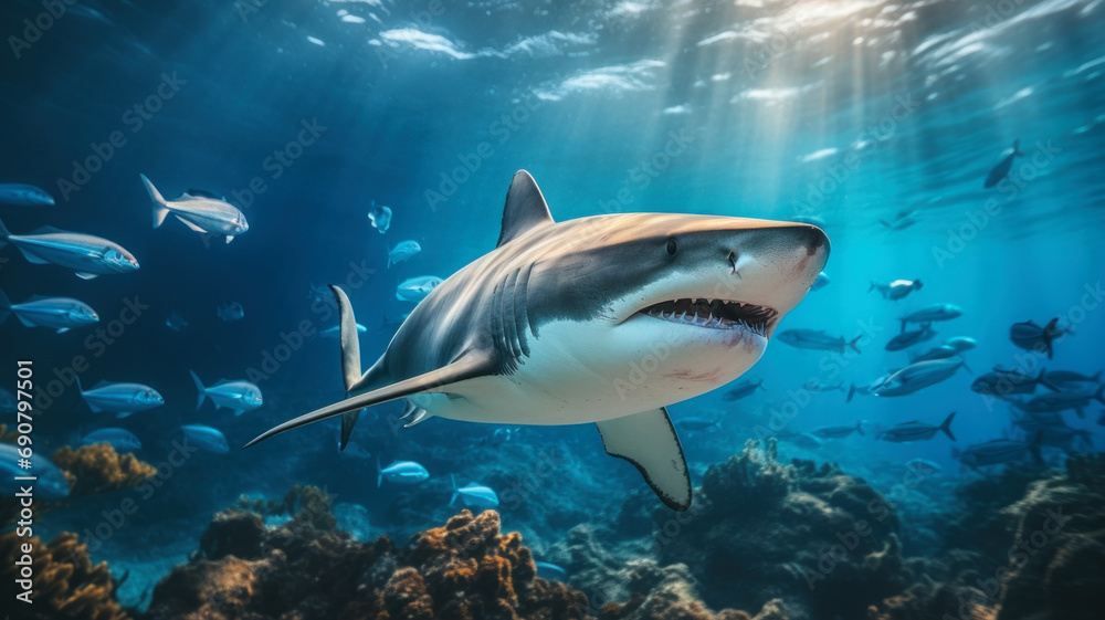 Fototapeta premium Great white shark and fish swim underwater above coral reefs, scary wild sea predator in blue water. Theme of ocean life, wildlife, travel, marine nature