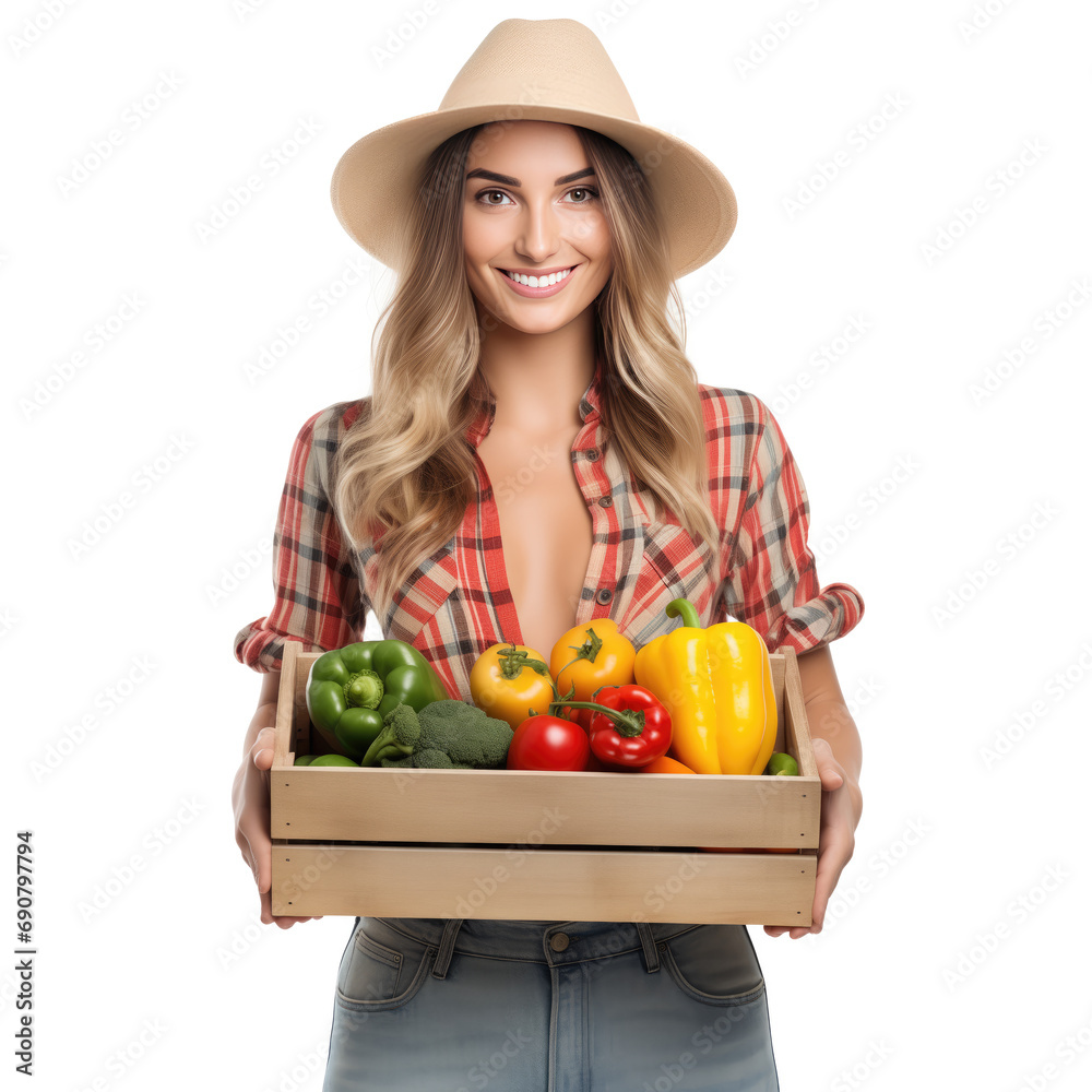 Woman farmer holding vegetable box on light background Woman farmer holding vegetable box on light background
