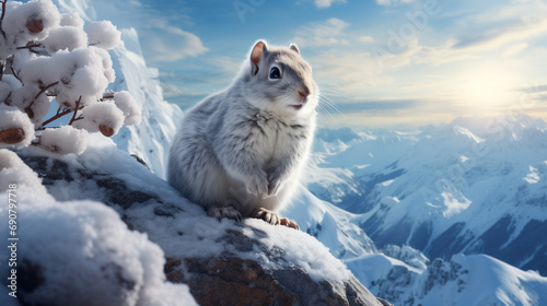 Cute Siberian flying squirrel. White squirrel. Adorable white artic squirrel on winter background.  photo