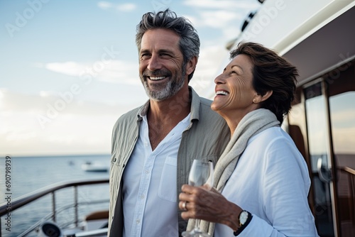 A happy senior couple enjoys a summer vacation, embracing love and togetherness on a yacht by the sea. © Andrii Zastrozhnov