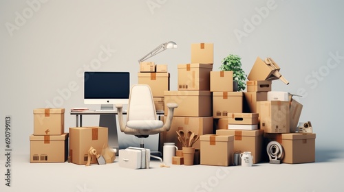 Cardboard box full of office stuff on white background © Hanzala