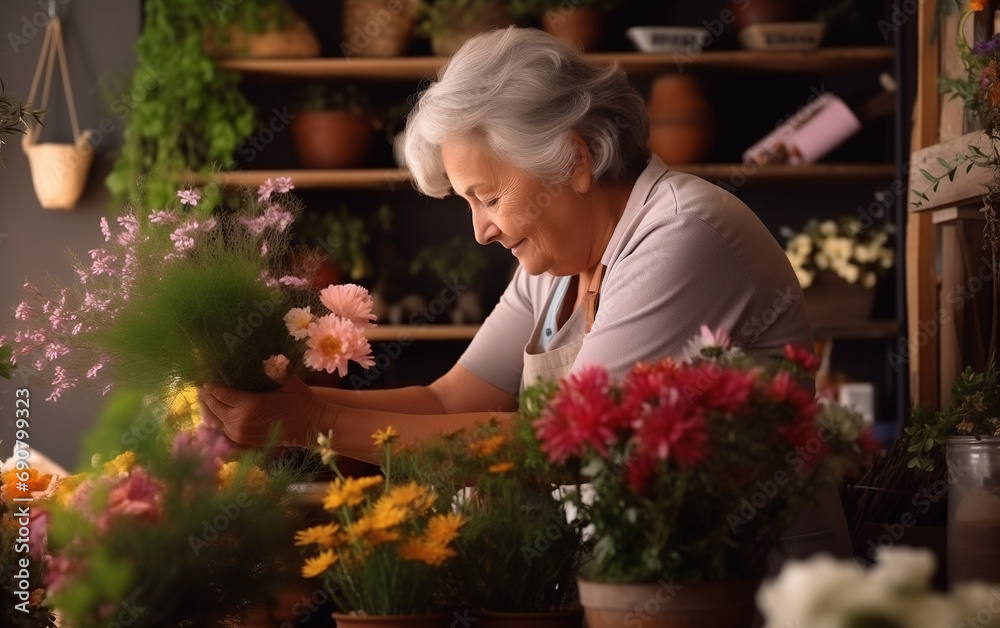 Photo of a nice old lady florist while working.
