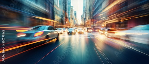 City Pulse in Motion: Dynamic Urban Flow with Cars in Motion Blur Amid Downtown Bustle