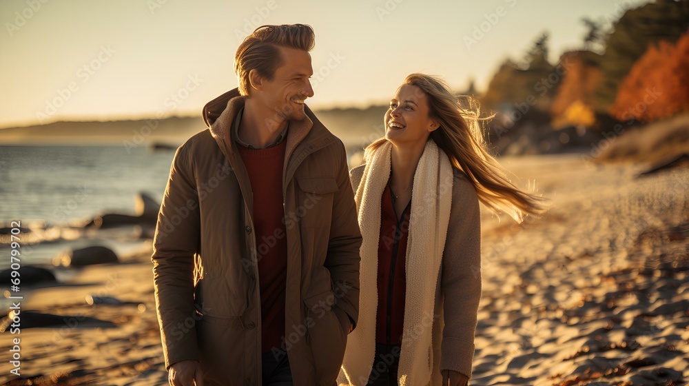 a lively couple, two people laughing exuberantly. A beautiful autumnal baltic beach in the background. sand is glowing golden. sunny autumn day in october. diffuse sunlight. generative AI - obrazy, fototapety, plakaty 