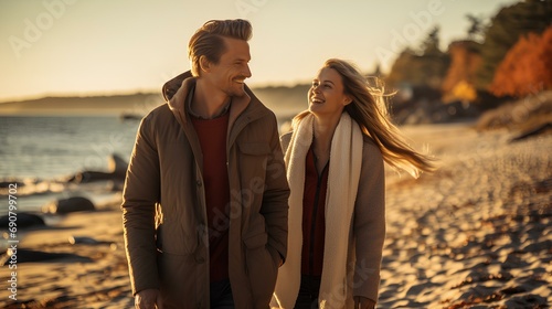 a lively couple, two people laughing exuberantly. A beautiful autumnal baltic beach in the background. sand is glowing golden. sunny autumn day in october. diffuse sunlight. generative AI photo