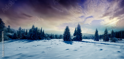 winter landscape with sunrise