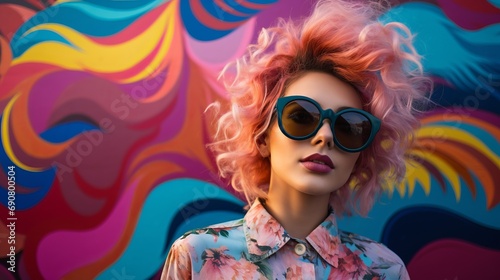 Generative AI image of a woman wearing colorful sunglasses in front of a colorful wall