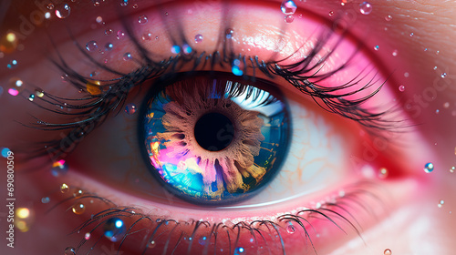 Multicolored human eye with colored drops on eyelashes, eye of the person, human eye close up, macro photo