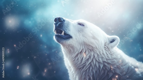 Generative AI image of a close up portrait of a roaring polar bear standing in the snow photo
