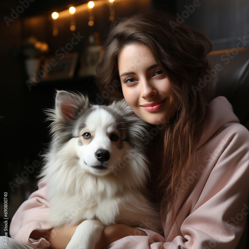 Young woman embracing pet dog at home. Lovely pet. Friendship and affection concept.